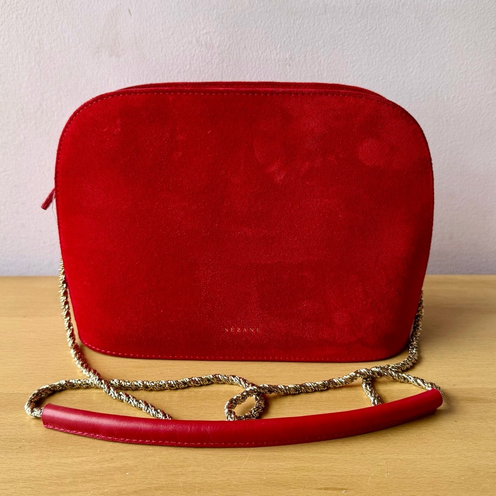 SEZANE RED SUEDE ZIP TOP SHOULDER BAG GOLD COLR METAL CHAIN LEATHER STRAP UNUSED - Picture 16 of 16